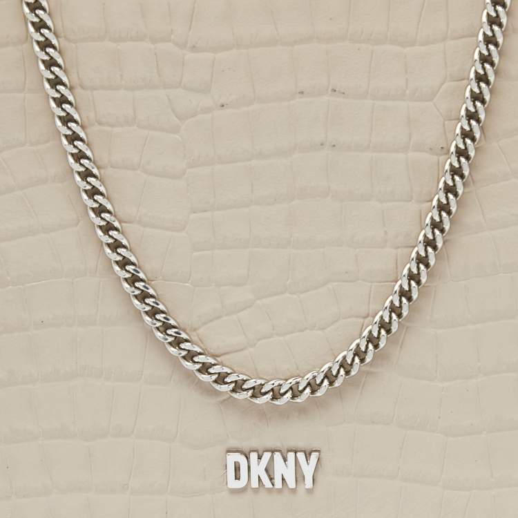 Pre Owned DKNY Beige Croc Embossed Leather Logo Flap Chain Shoulder Bag