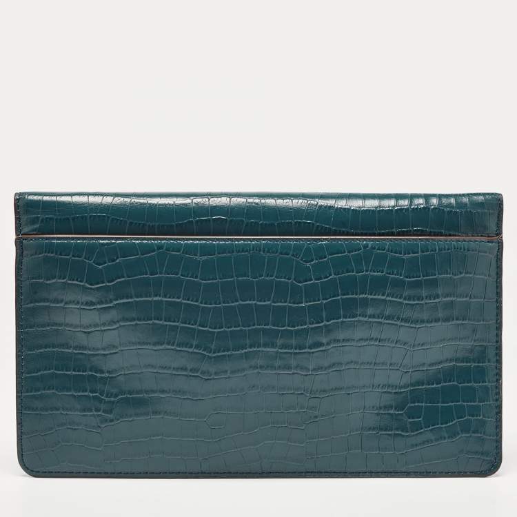 Pre Owned DKNY Teal Blue Croc Embossed Leather Elissa Envelope Clutch