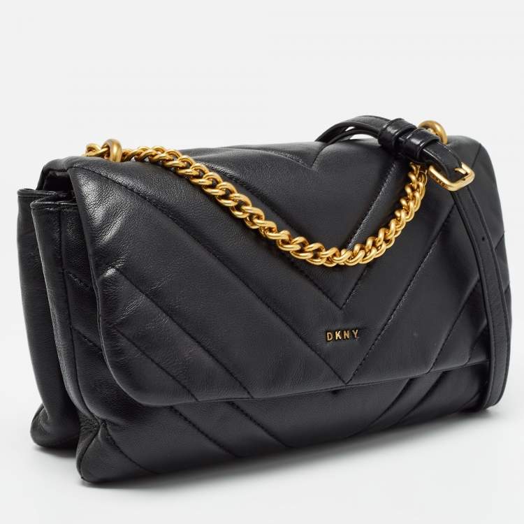 Pre Owned DKNY Black Quilt Leather Flap Shoulder Bag