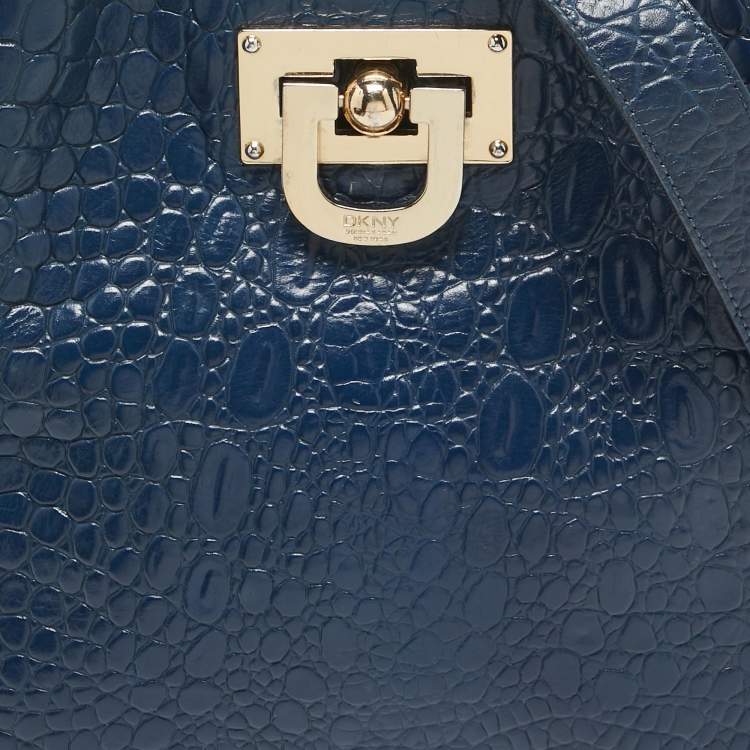 Pre Owned DKNY Navy Blue Croc Embossed Leather Messenger Bag