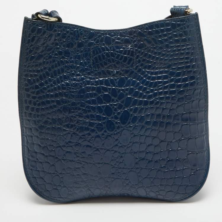 Pre Owned DKNY Navy Blue Croc Embossed Leather Messenger Bag