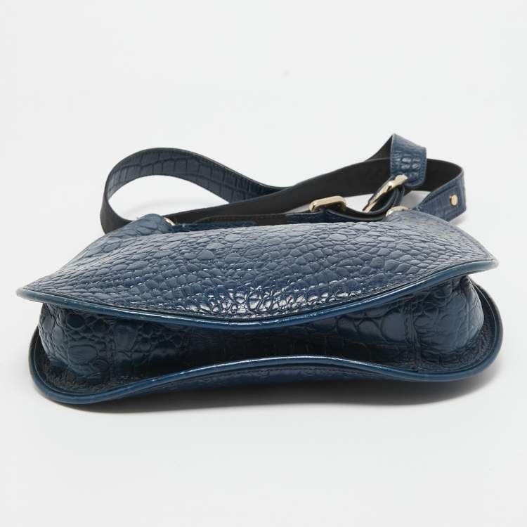 Pre Owned DKNY Navy Blue Croc Embossed Leather Messenger Bag