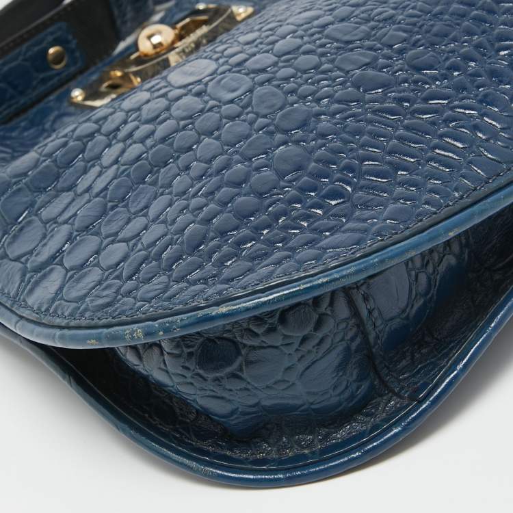 Pre Owned DKNY Navy Blue Croc Embossed Leather Messenger Bag
