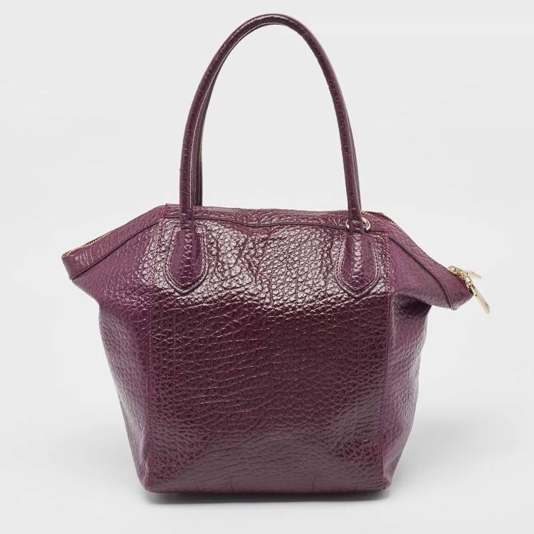 Pre Owned DKNY Purple Textured Leather Logo Zip Satchel