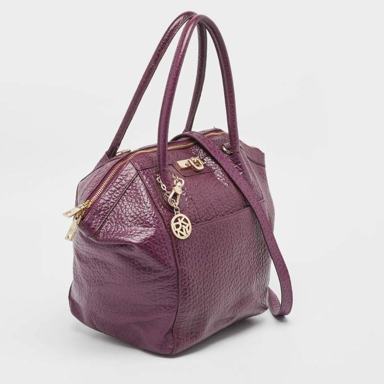 Pre Owned DKNY Purple Textured Leather Logo Zip Satchel