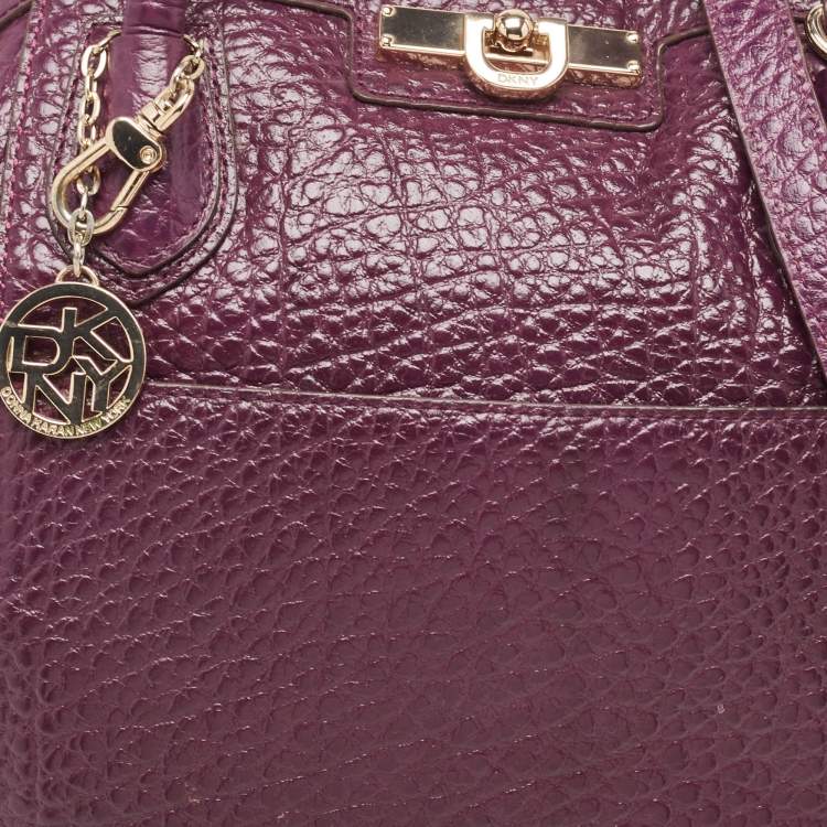 Pre Owned DKNY Purple Textured Leather Logo Zip Satchel