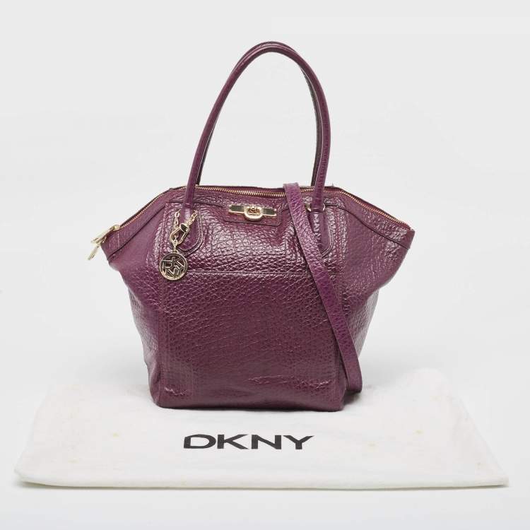Pre Owned DKNY Purple Textured Leather Logo Zip Satchel
