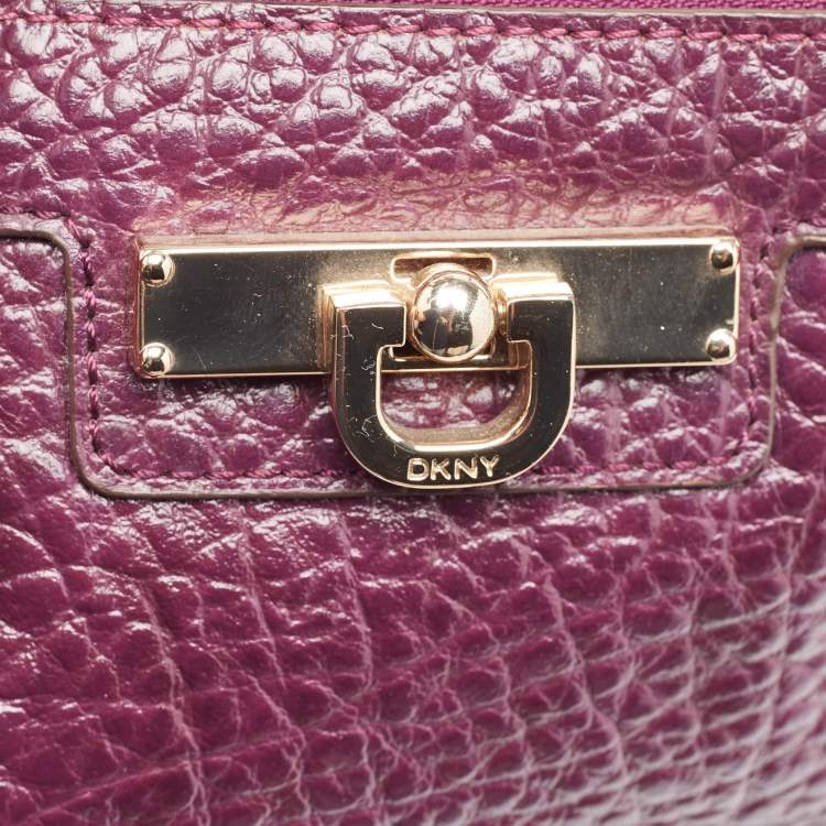 Pre Owned DKNY Purple Textured Leather Logo Zip Satchel