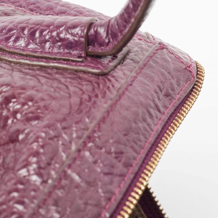 Pre Owned DKNY Purple Textured Leather Logo Zip Satchel