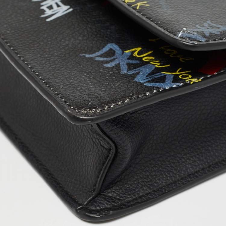 Pre Owned DKNY Black Leather Graffiti Print Flap Crossbody Bag 
