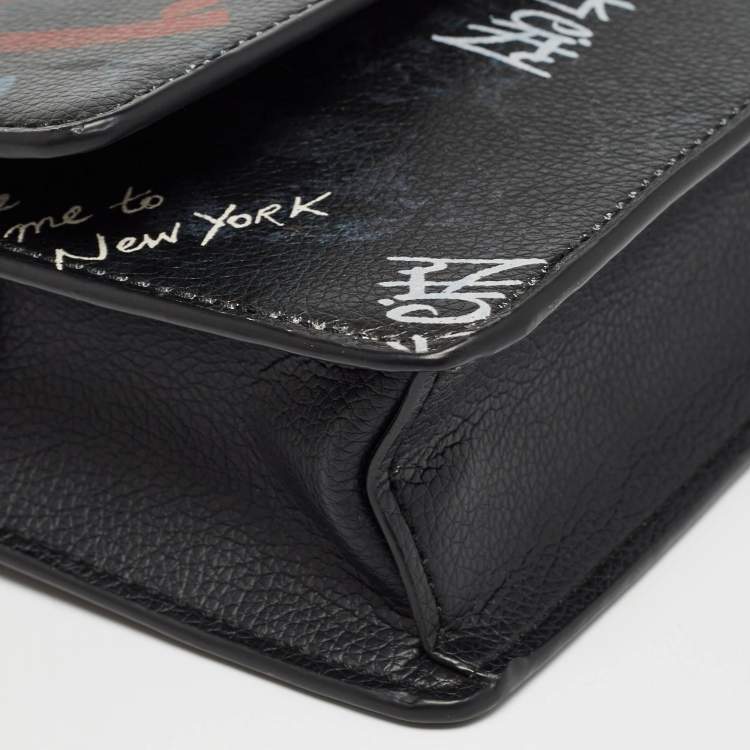Pre Owned DKNY Black Leather Graffiti Print Flap Crossbody Bag 