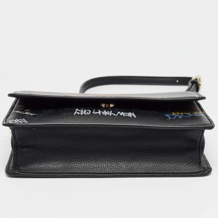 Pre Owned DKNY Black Leather Graffiti Print Flap Crossbody Bag 