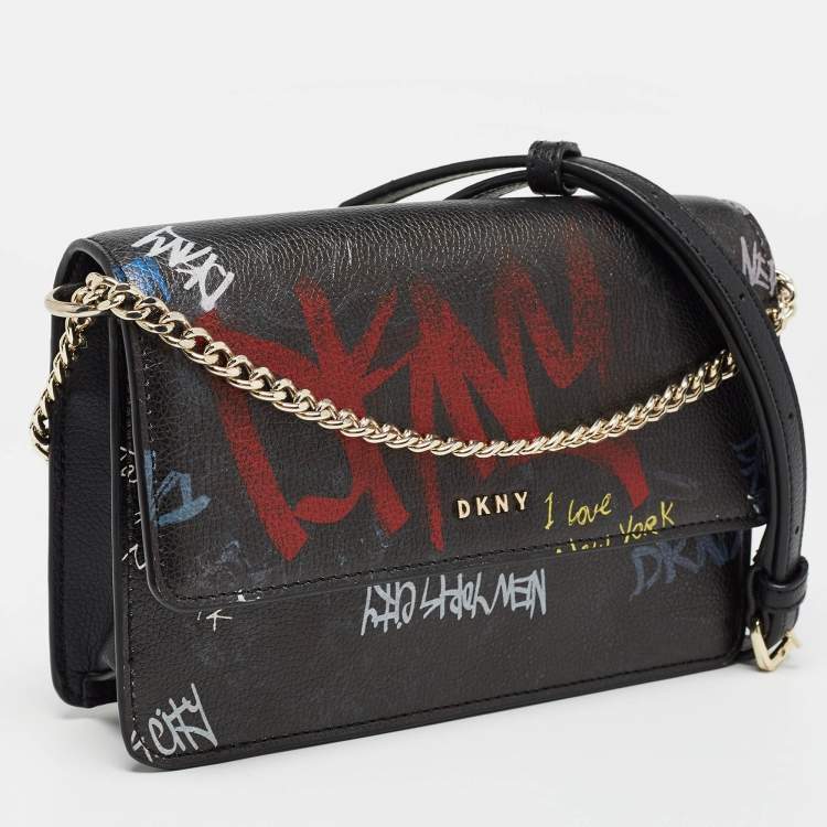Pre Owned DKNY Black Leather Graffiti Print Flap Crossbody Bag 