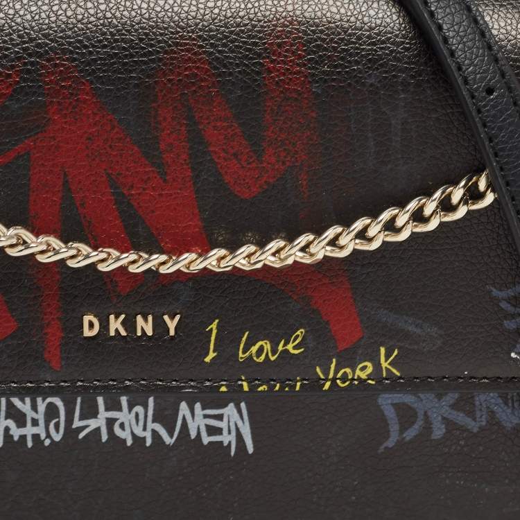 Pre Owned DKNY Black Leather Graffiti Print Flap Crossbody Bag 