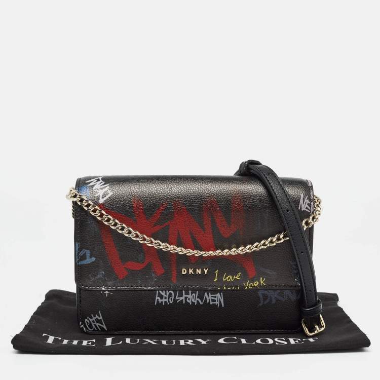 Pre Owned DKNY Black Leather Graffiti Print Flap Crossbody Bag 