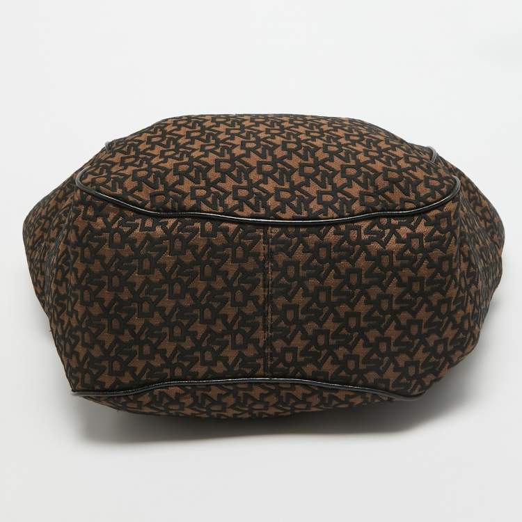 Pre Owned DKNY Black/Brown Monogram Jacquard Fabric and Leather Tote