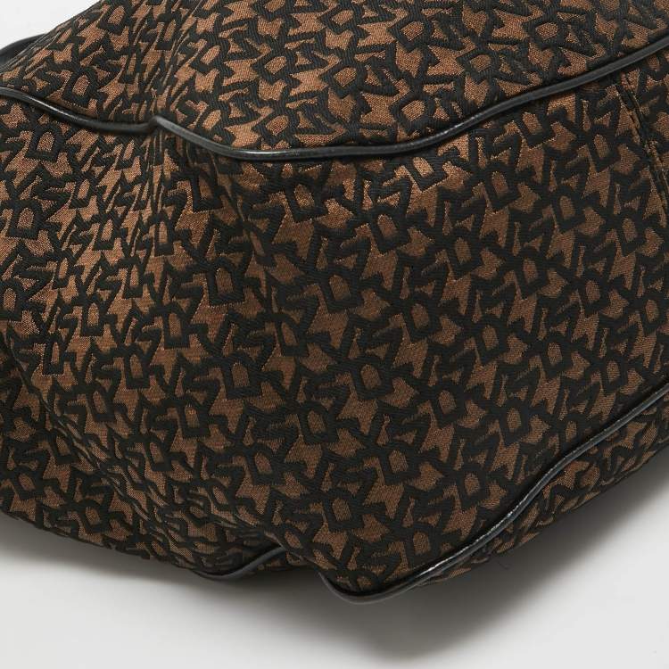 Pre Owned DKNY Black/Brown Monogram Jacquard Fabric and Leather Tote