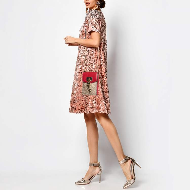 Pre Owned DKNY Red/Beige Monogram Coated Canvas and Leather Elissa North South Crossbody Bag