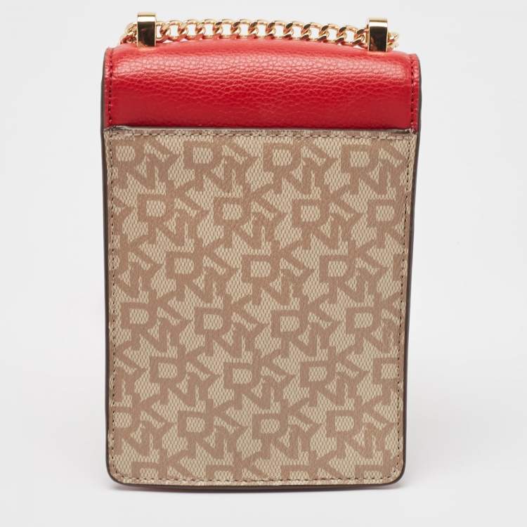 Pre Owned DKNY Red/Beige Monogram Coated Canvas and Leather Elissa North South Crossbody Bag