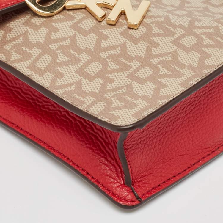 Pre Owned DKNY Red/Beige Monogram Coated Canvas and Leather Elissa North South Crossbody Bag