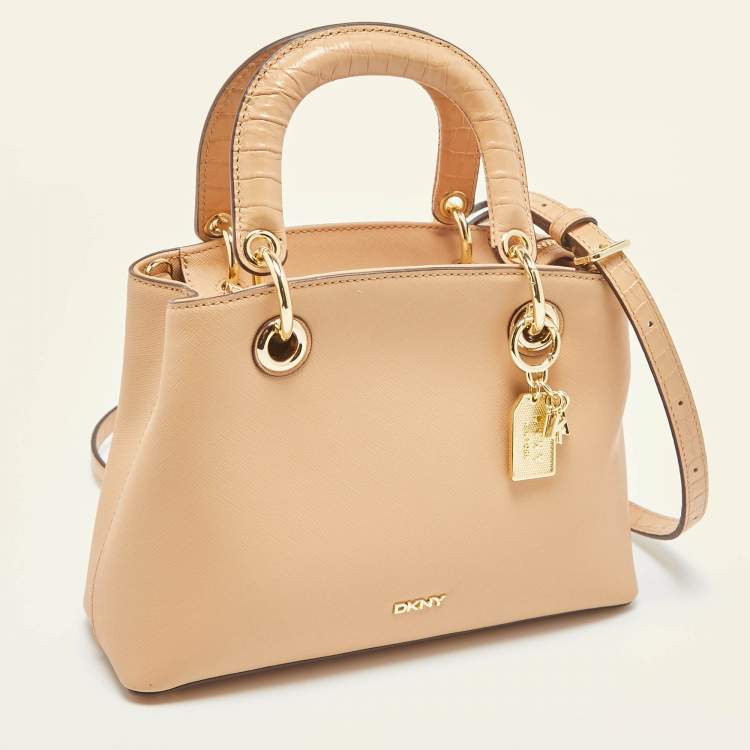 Pre Owned Dkny Beige Croc Embossed and Leather Logo Charm Tote