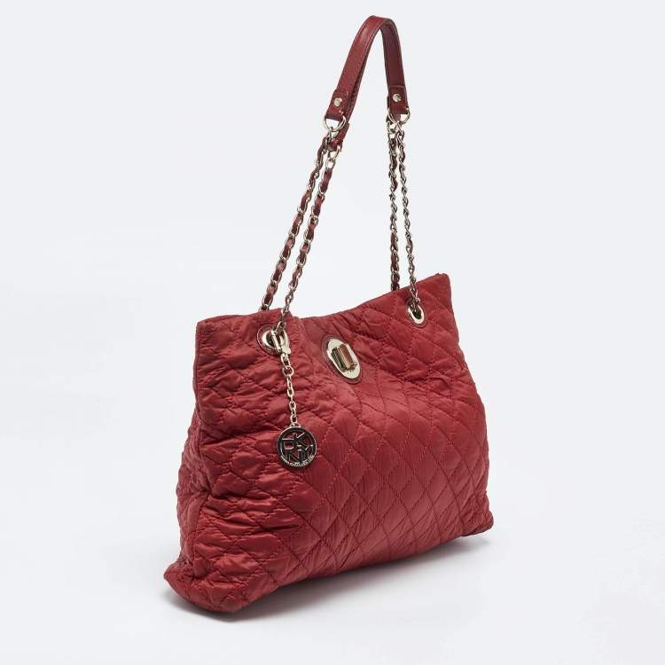 Pre Owned DKNY Red Quilted Nylon and Leather Logo Chain Tote