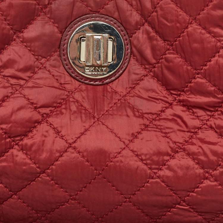 Pre Owned DKNY Red Quilted Nylon and Leather Logo Chain Tote