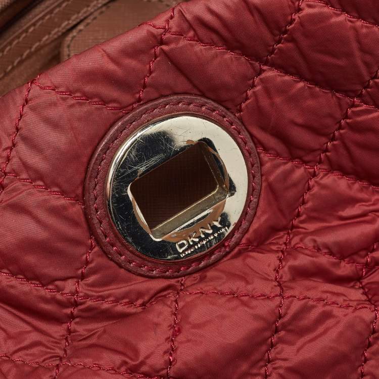 Pre Owned DKNY Red Quilted Nylon and Leather Logo Chain Tote