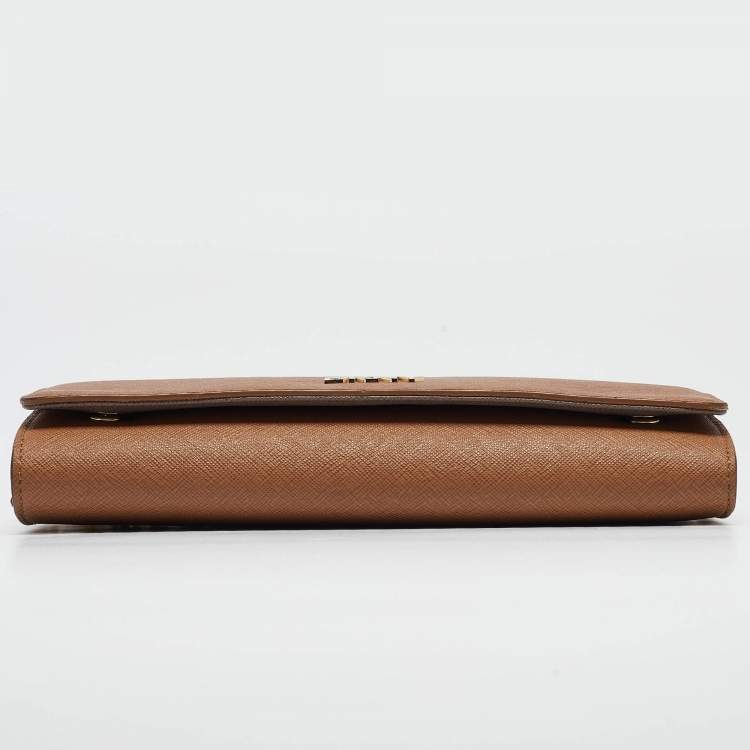 Pre Owned DKNY Brown Saffiano Leather Flap Wallet on Chain