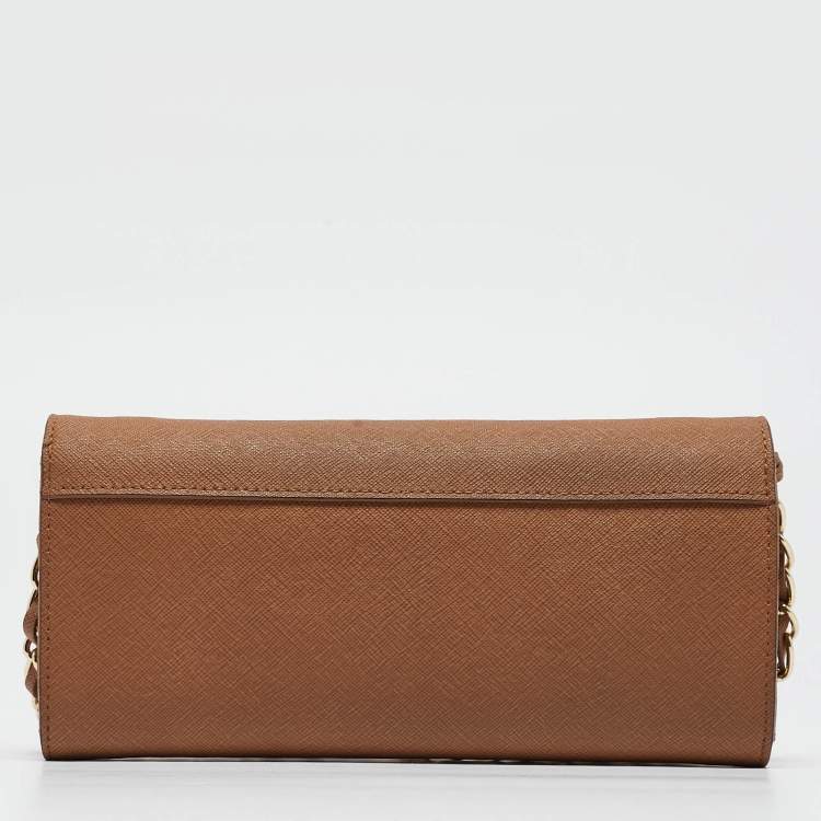 Pre Owned DKNY Brown Saffiano Leather Flap Wallet on Chain