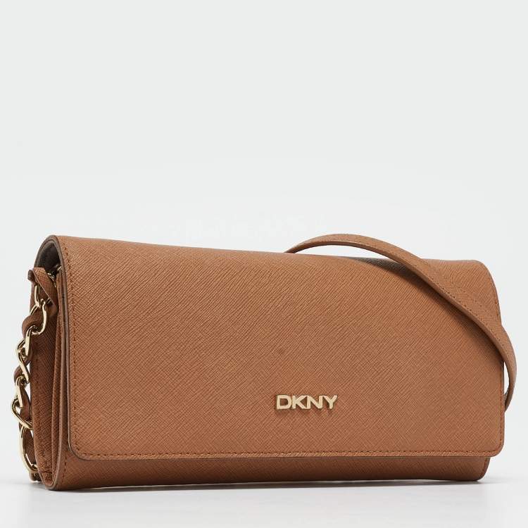Pre Owned DKNY Brown Saffiano Leather Flap Wallet on Chain