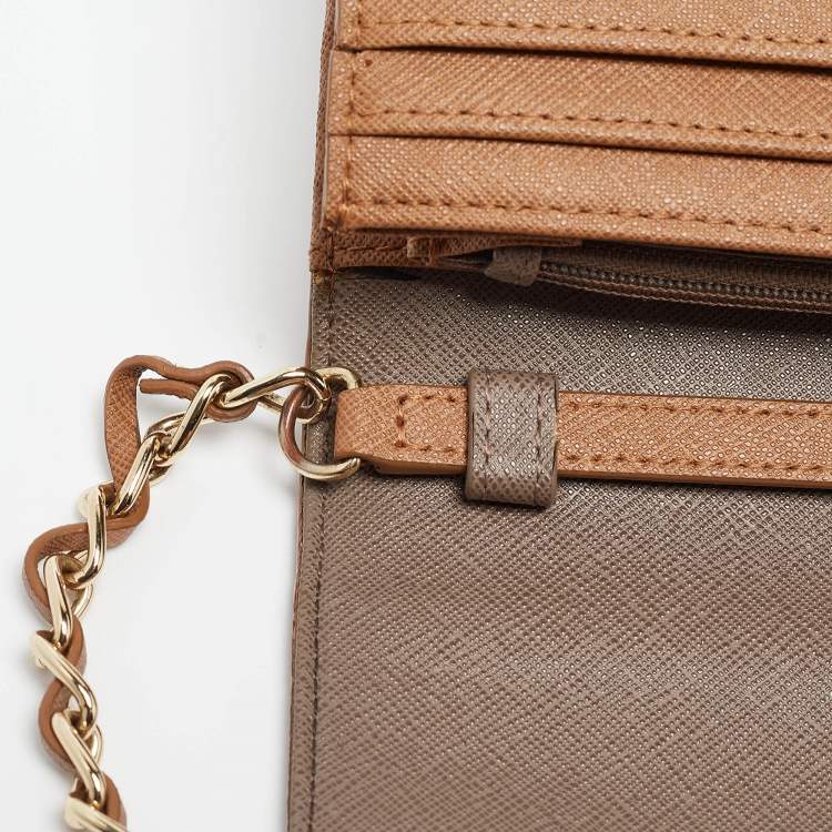Pre Owned DKNY Brown Saffiano Leather Flap Wallet on Chain
