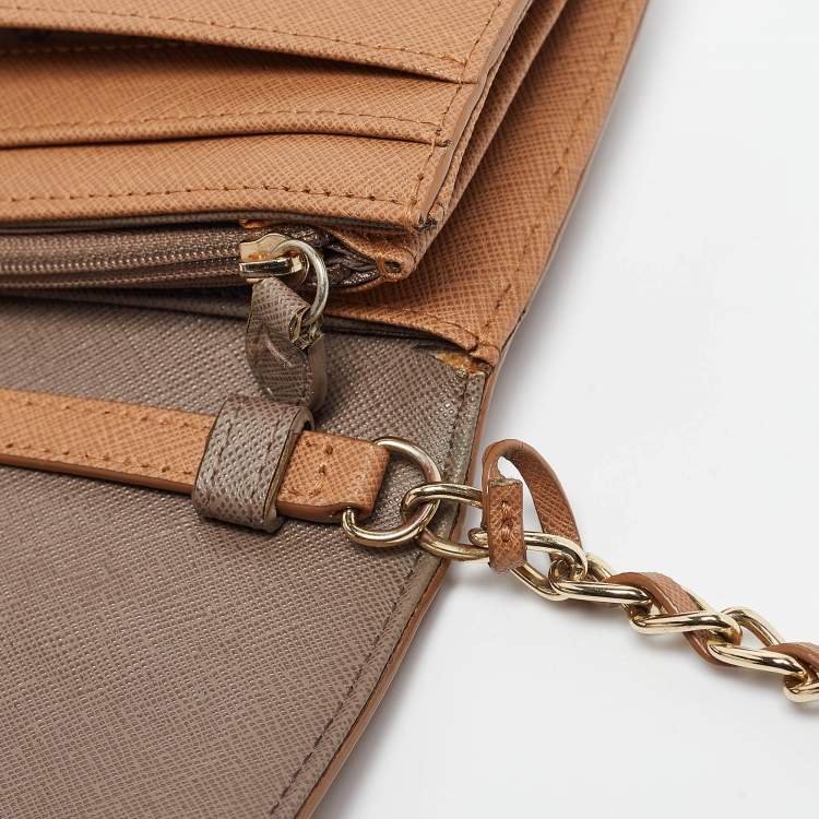 Pre Owned DKNY Brown Saffiano Leather Flap Wallet on Chain