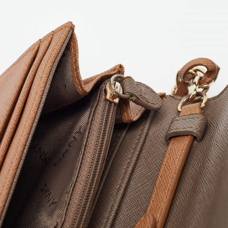 Pre Owned DKNY Brown Saffiano Leather Flap Wallet on Chain