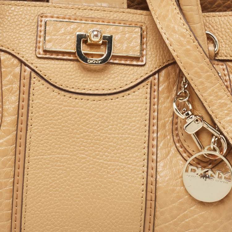 Pre Owned DKNY Beige Leather Logo Charm Shoulder Bag