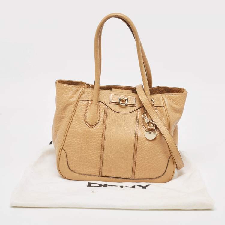 Pre Owned DKNY Beige Leather Logo Charm Shoulder Bag