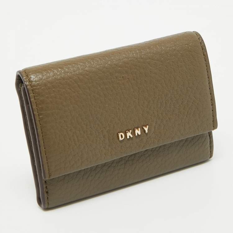 Pre Owned DKNY Olive Green Leather Flap Compact Wallet