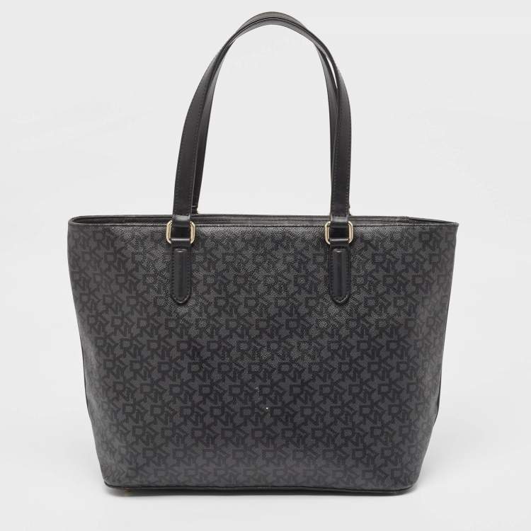 Pre Owned Dkny Black Monogram Coated Canvas and Leather Top Zip Tote