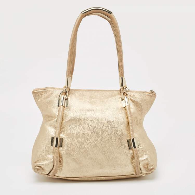 Pre Owned DKNY Gold Leather Metal Detail Tote