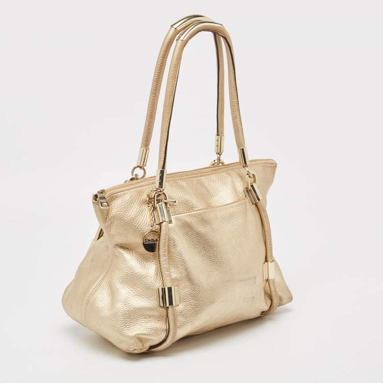 Pre Owned DKNY Gold Leather Metal Detail Tote
