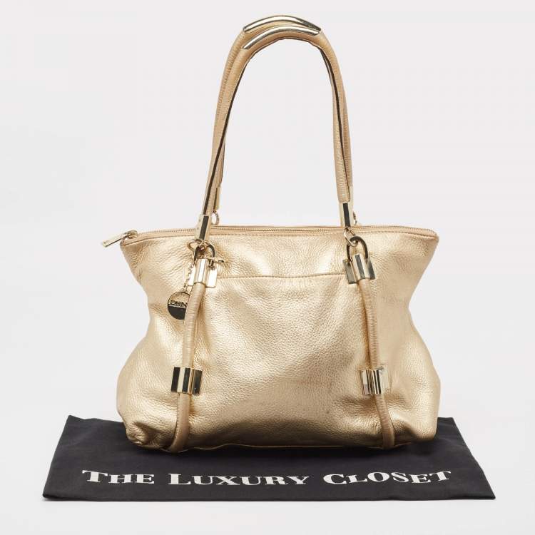 Pre Owned DKNY Gold Leather Metal Detail Tote