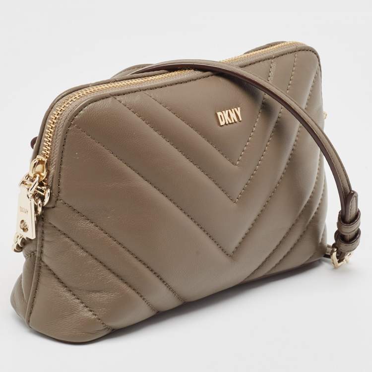 Pre Owned Dkny Olive Green Chevron Leather Madison Dome Crossbody Bag