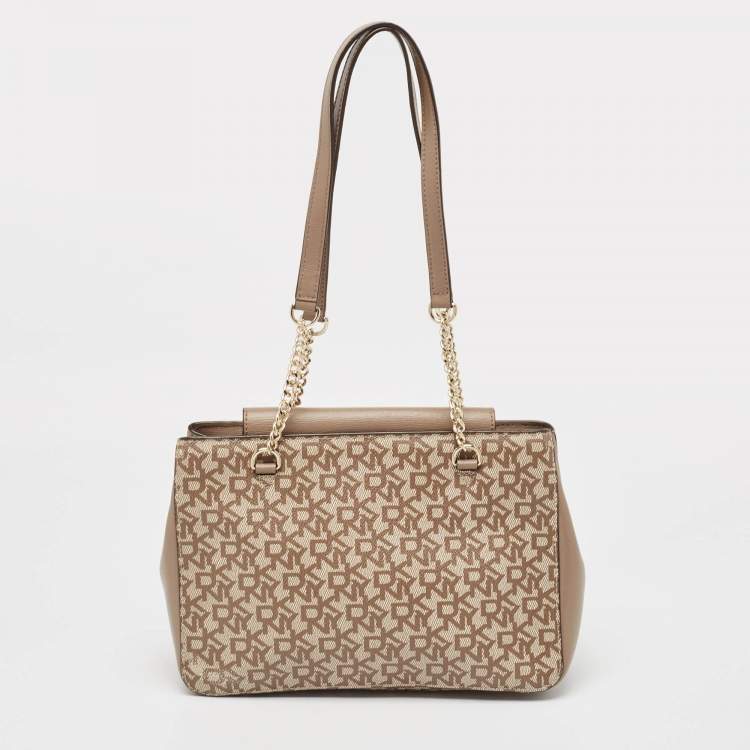 Pre Owned DKNY Beige Signature Coated Canvas and Leather Chain Tote