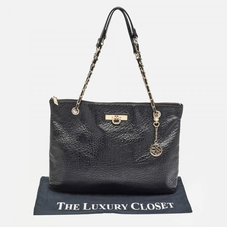 Pre Owned DKNY Black Leather Charm Chain Tote