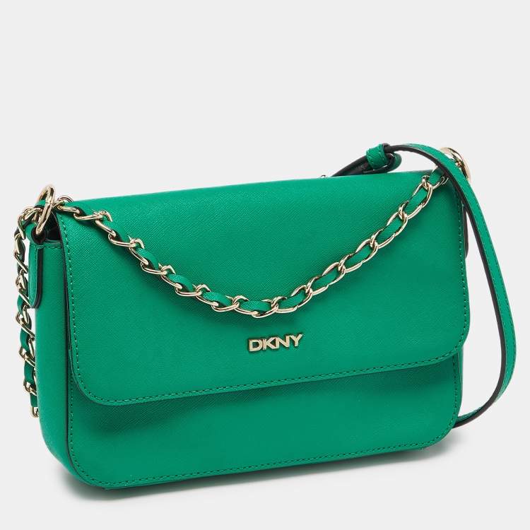 Pre Owned DKNY Green Leather Bryant Flap Crossbody Bag
