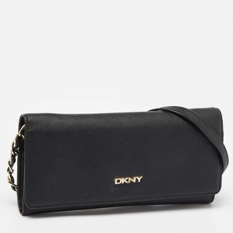 Pre Owned DKNY Black Saffiano Leather Flap Wallet on Chain