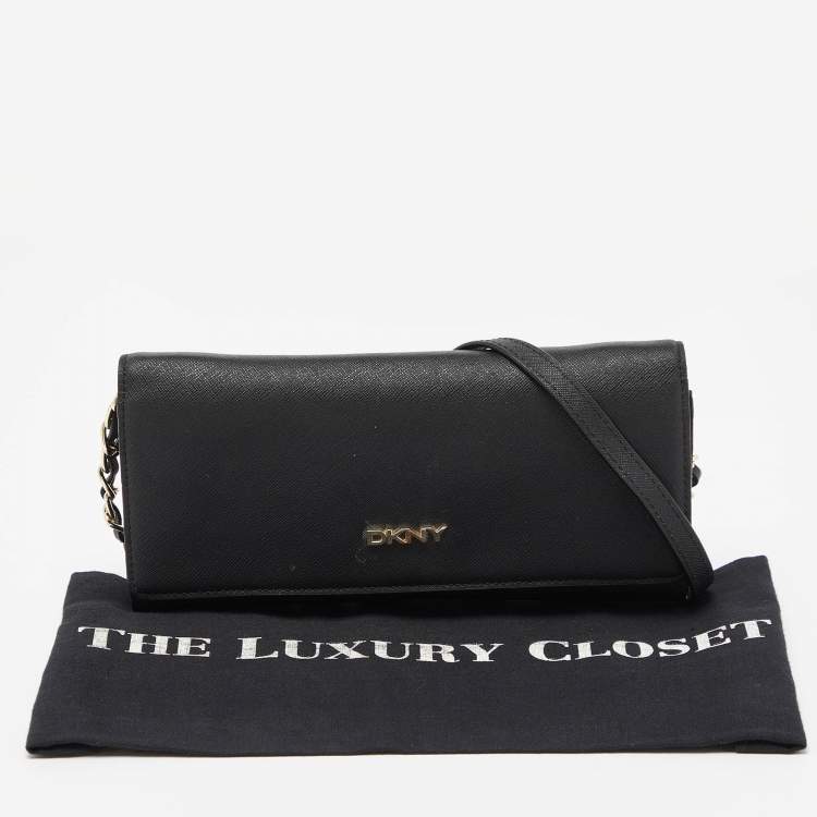 Pre Owned DKNY Black Saffiano Leather Flap Wallet on Chain