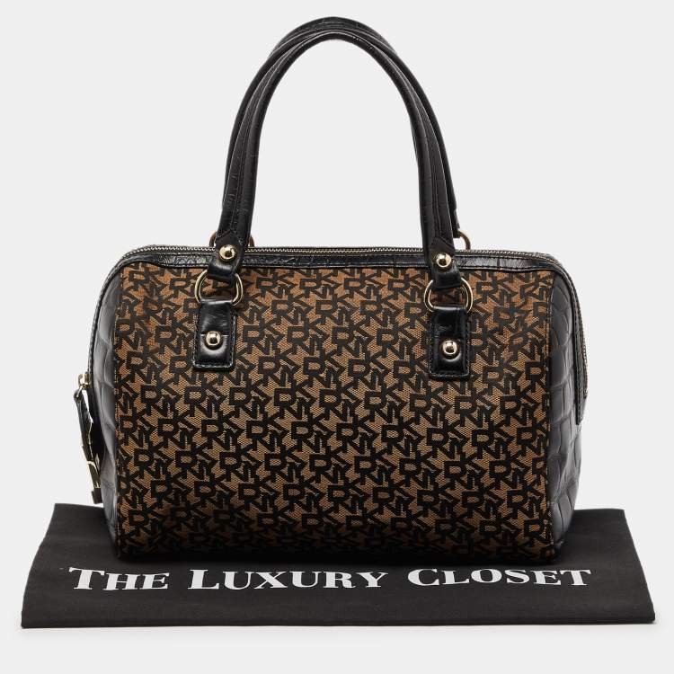 Pre Owned DKNY Brown/Black Signature Canvas and Croc Embossed Leather Satchel