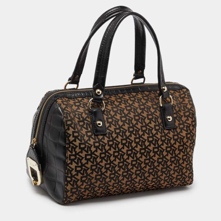 Pre Owned DKNY Brown/Black Signature Canvas and Croc Embossed Leather Satchel