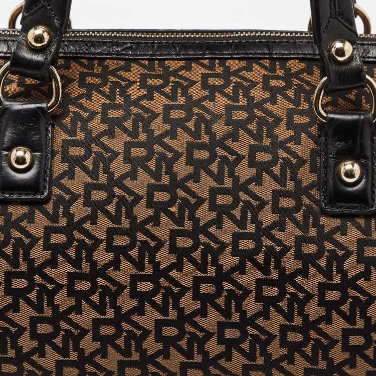 Pre Owned DKNY Brown/Black Signature Canvas and Croc Embossed Leather Satchel
